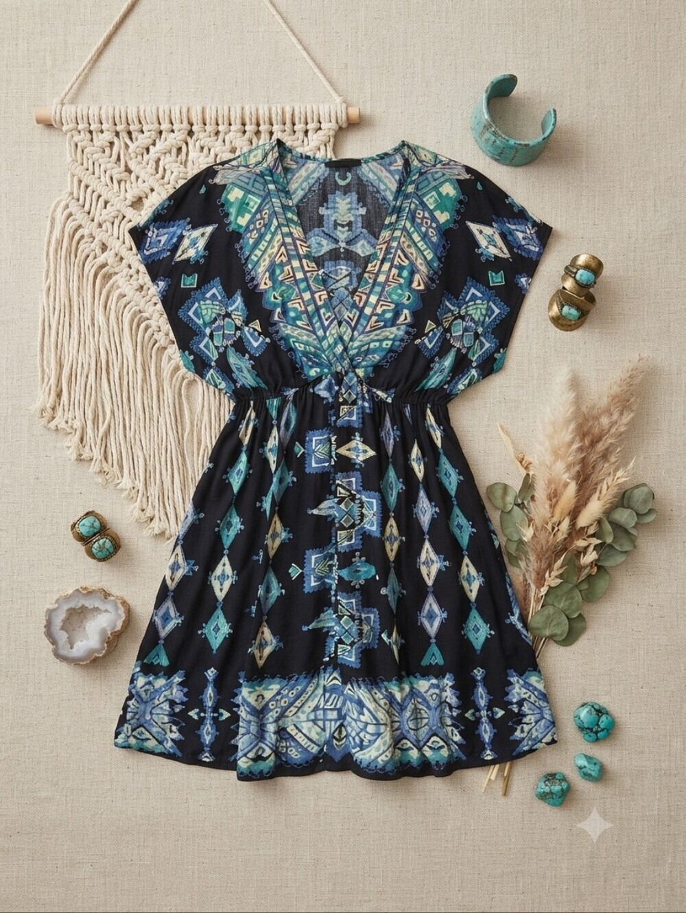 Angie Black Blue Geometric Plunging Vneck Short Sleeve Mini Dress